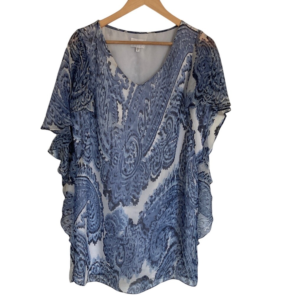 Milly Womens Blue Watercolor Paisley Silk Tunic Top Dress‎ Size 4 Flutter Slv